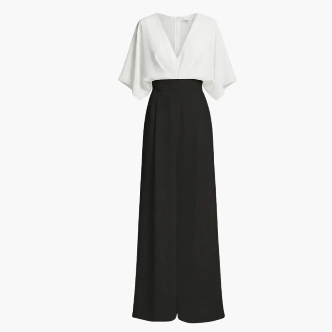 Women's V-Neck Wide-Leg Jumpsuit, white top with black wide-leg pants