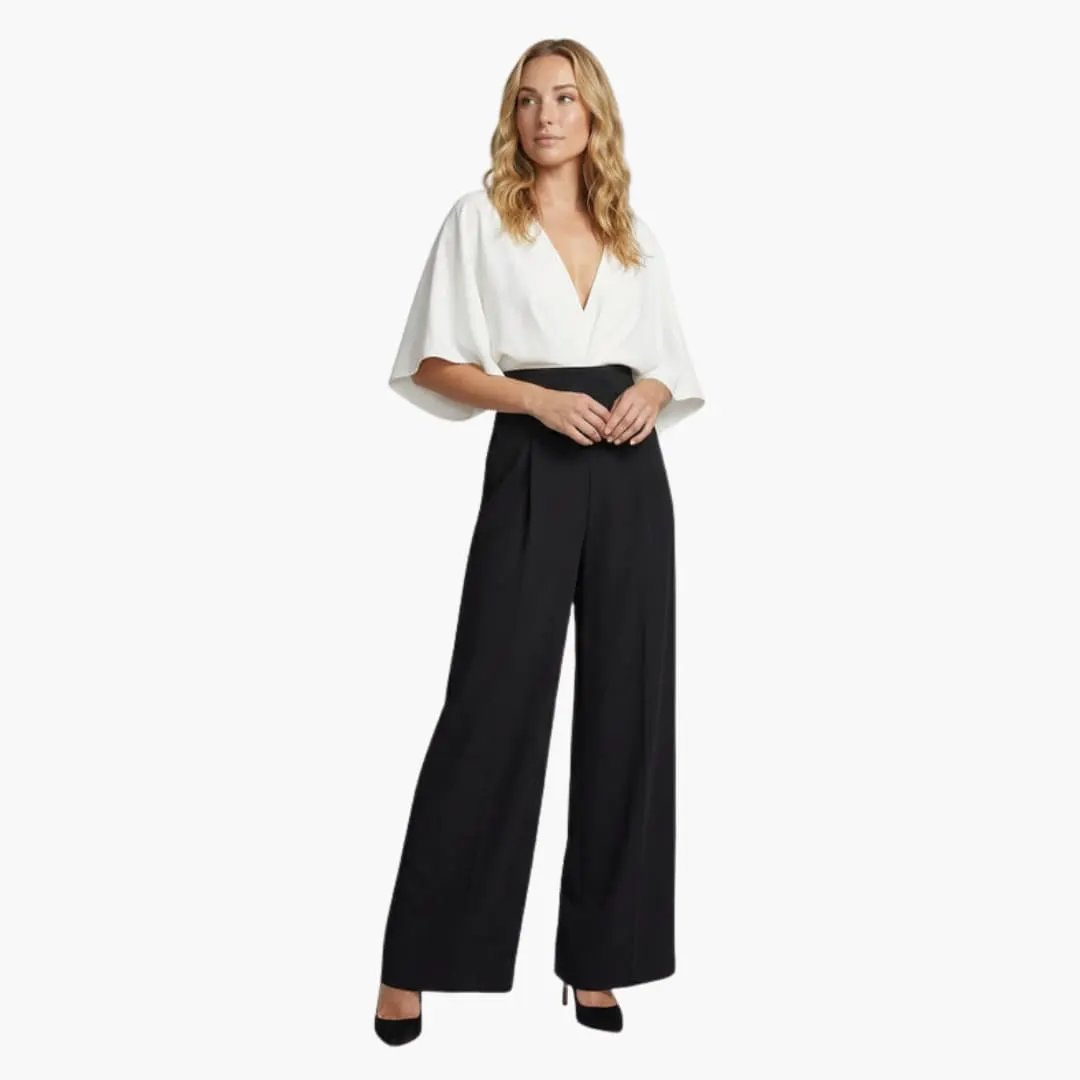 Wilfred Smith Women’s V-Neck Wide-Leg Jumpsuit, white bodice with black wide-leg pants