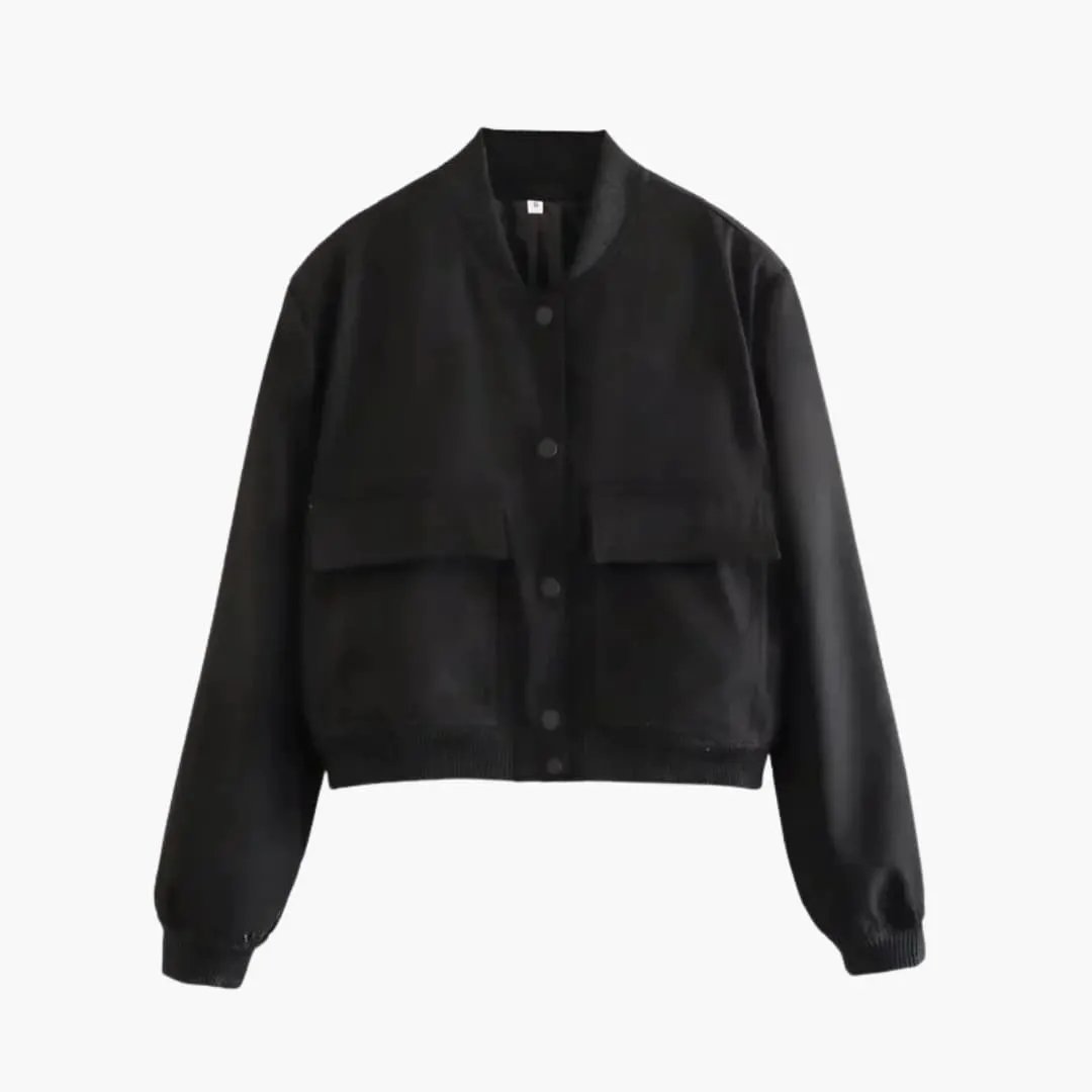 Women's Velvet Bomber Jacket in black, lightweight with button-front and ribbed cuffs.