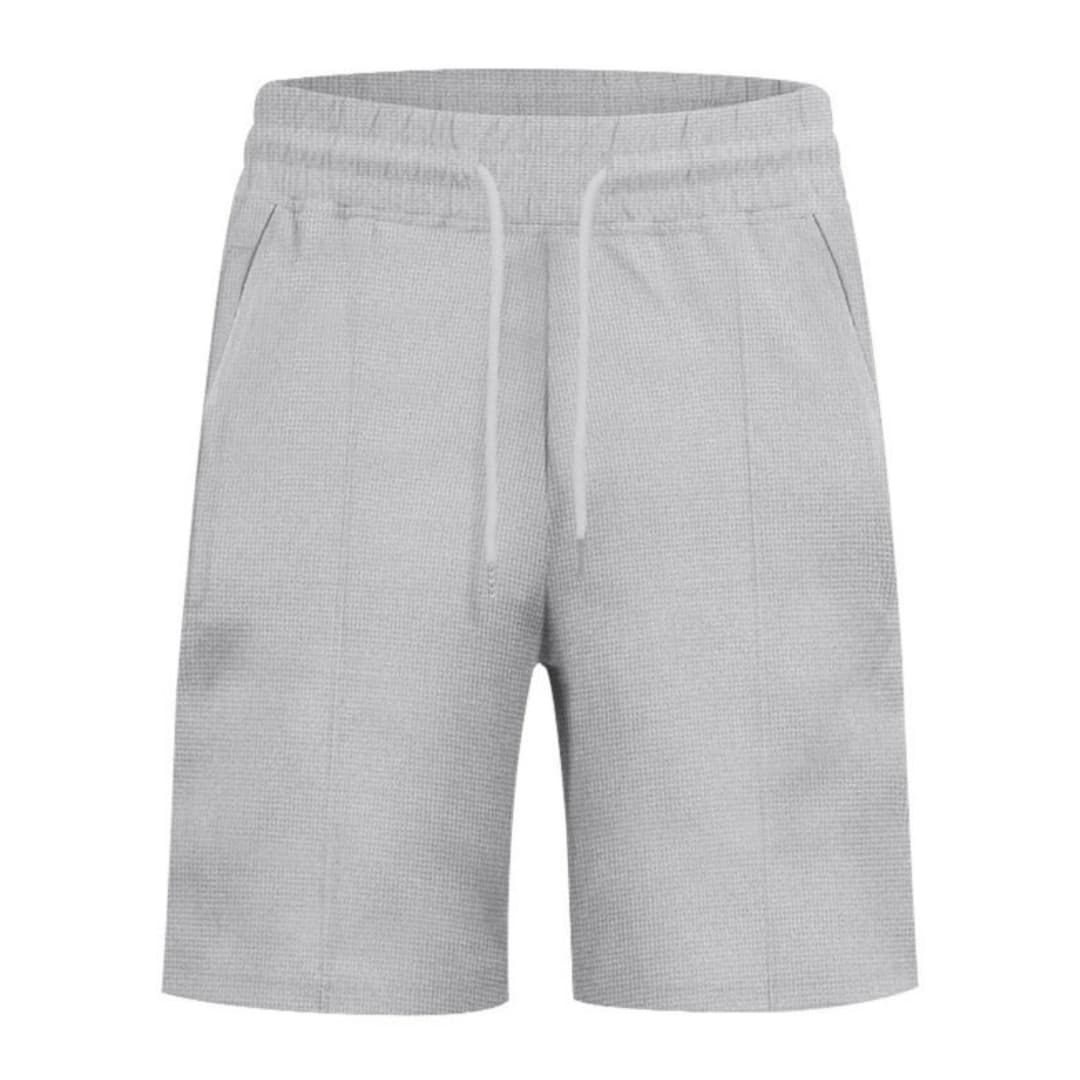 Women's waffle shorts by Wilfred Smith, light grey fabric with elastic waist and drawstring