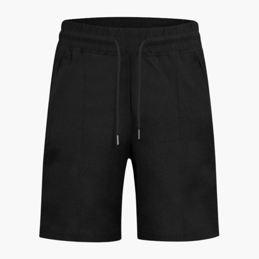 Women's Waffle Shorts by Wilfred Smith, black waffle-textured shorts with elastic waist and straight legs