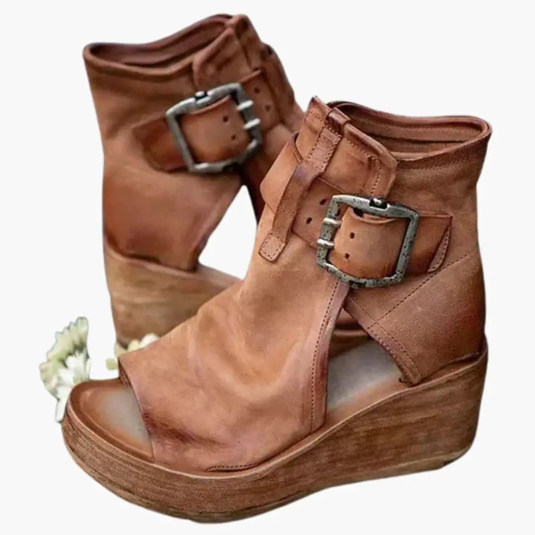 Women's Wedge Sandals with Buckle and Contoured Sole, tan leather, open-toe