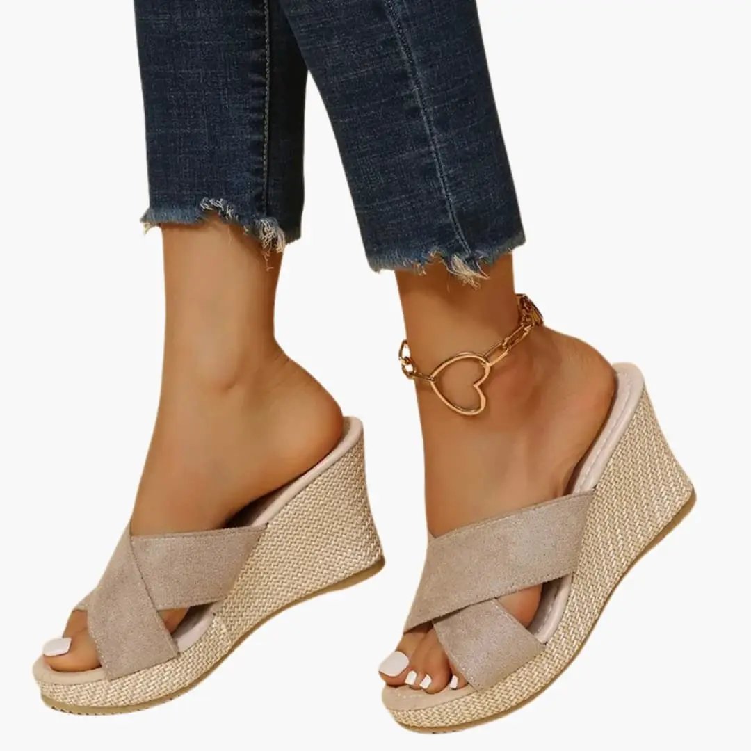 Women's wedge sandals with cross beige straps, open-toe and cushioned insole, espadrille wedge.