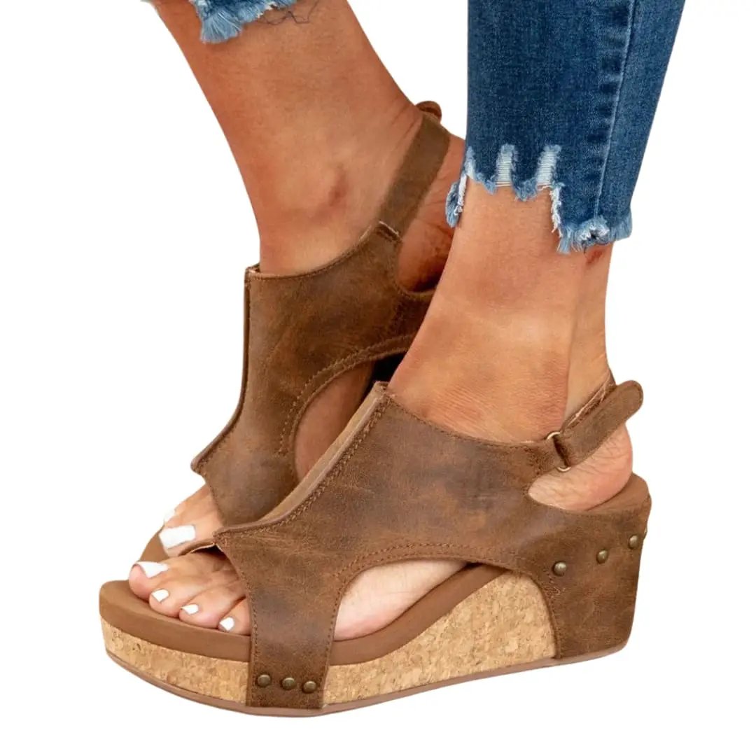 Women's Wedge Sandals with suede upper and elastic straps by Wilfred Smith in brown cork wedge.