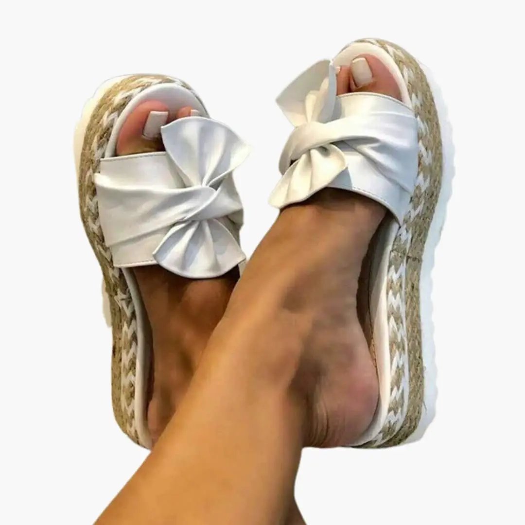 Women's Wedge Sandals with Woven Upper and Bow Detail, white espadrille wedge with front bow, pair for summer wear