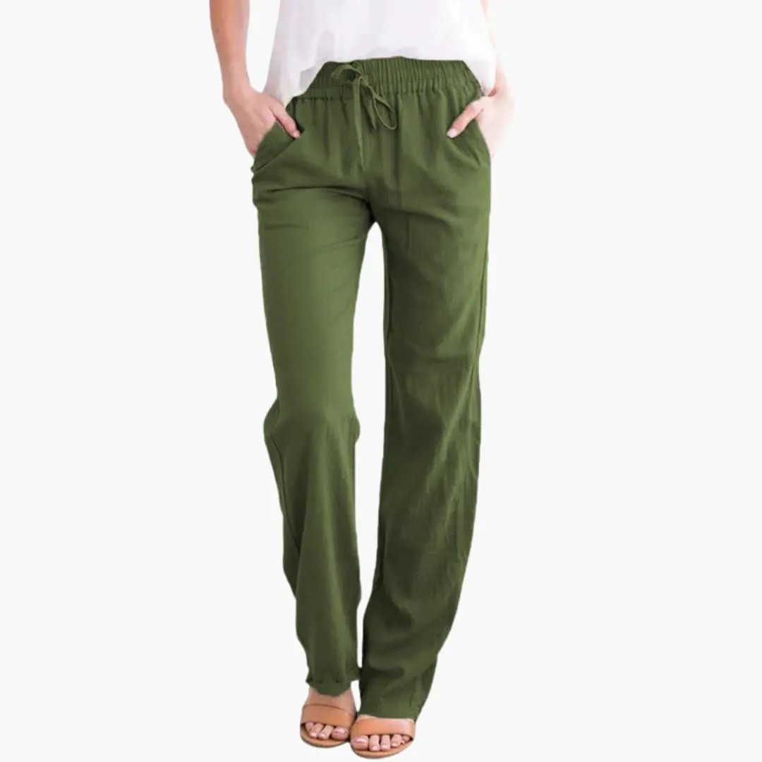 Women’s Wide-Leg Pants with Elastic Waist and Pockets by Wilfred Smith in olive green