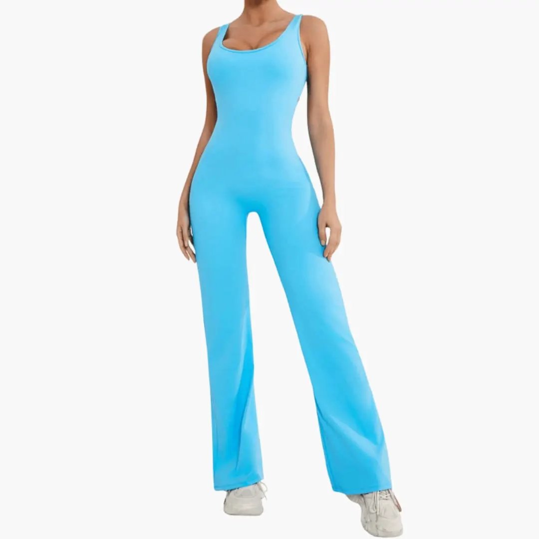 Women’s wide-leg jumpsuit with shoulder straps in bright blue, one-piece design.