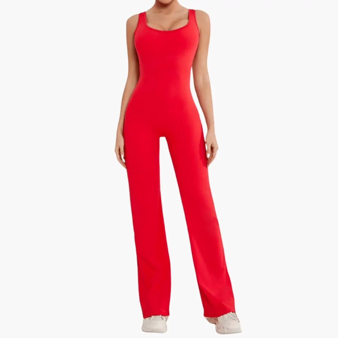 Women’s wide-leg red jumpsuit with shoulder straps; one-piece design.