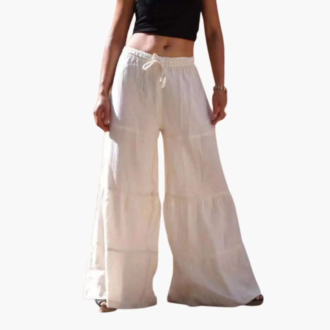 Women’s wide-leg pants with elastic waist and drawstring, white