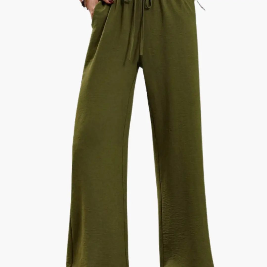 Women's wide-leg pants with elastic waistband and side pockets by Wilfred Smith in olive green.