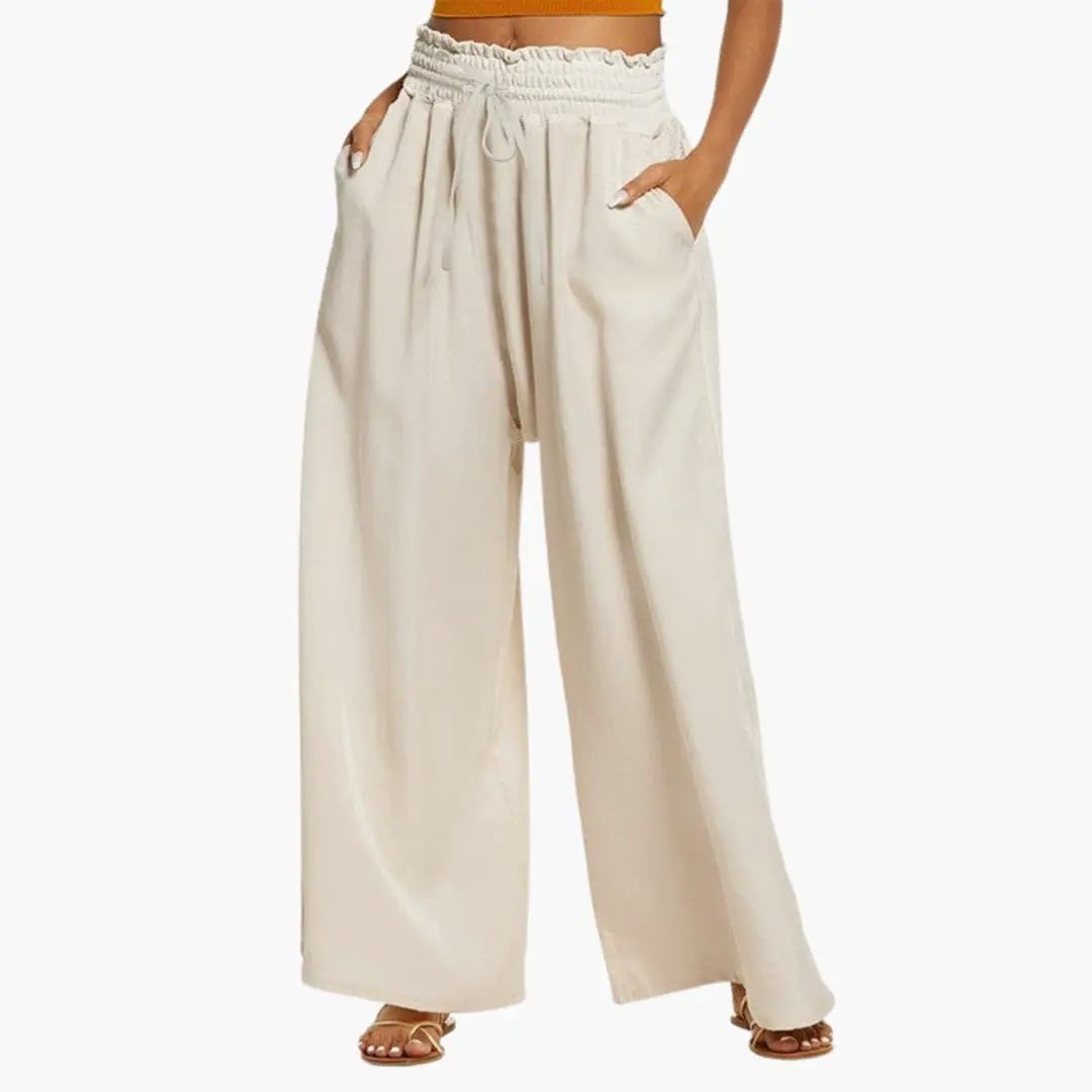 Wilfred Smith women’s wide-leg pants in cream with a ruffled smocked waistband and side pockets