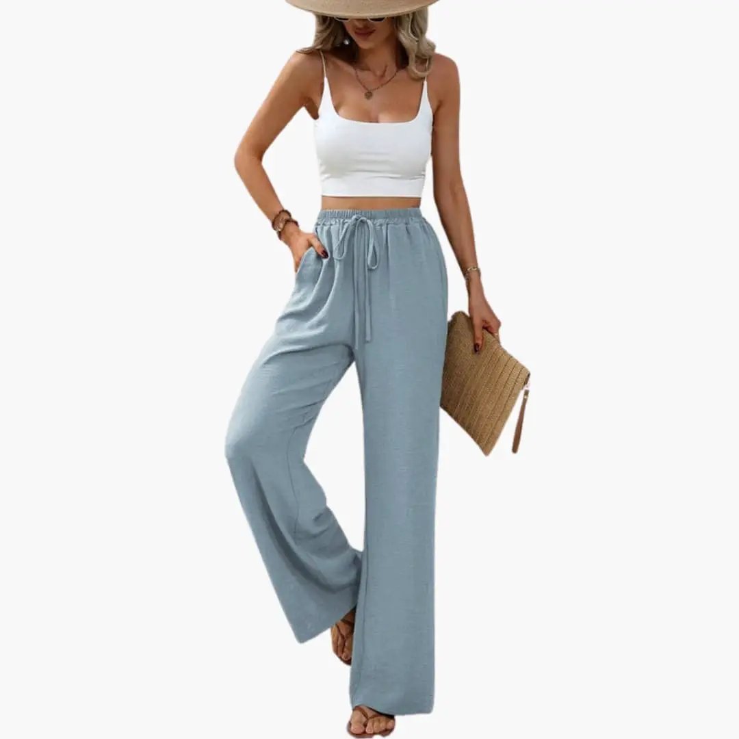 Women's wide-leg pull-on trousers with elastic waist in light blue by Wilfred Smith