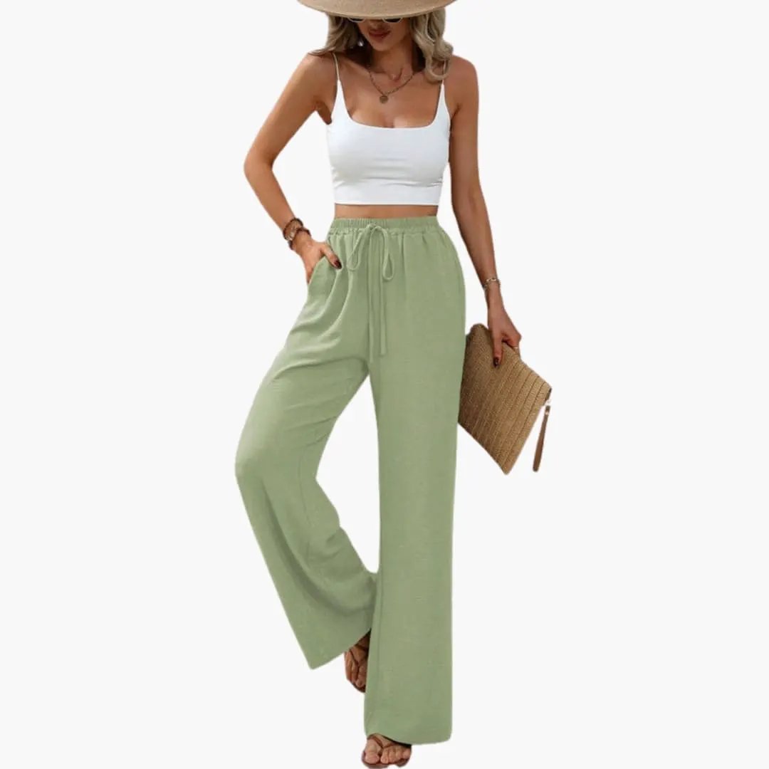 Women’s wide-leg summer pants with elastic waist - pull-on full-length trousers in sage green by Wilfred Smith