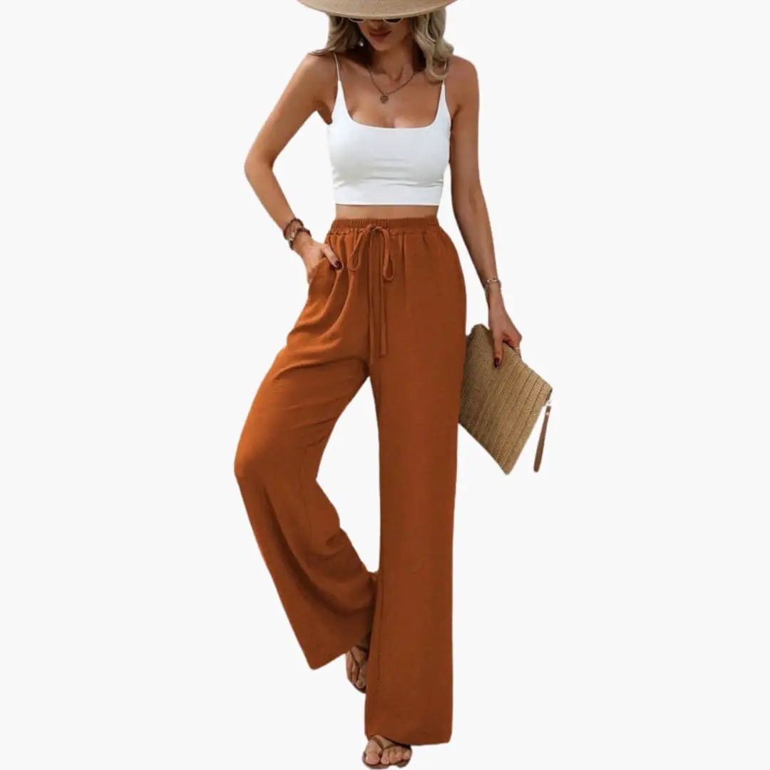 Women’s wide-leg summer pants with elastic waist, rust brown pull-on full-length trousers