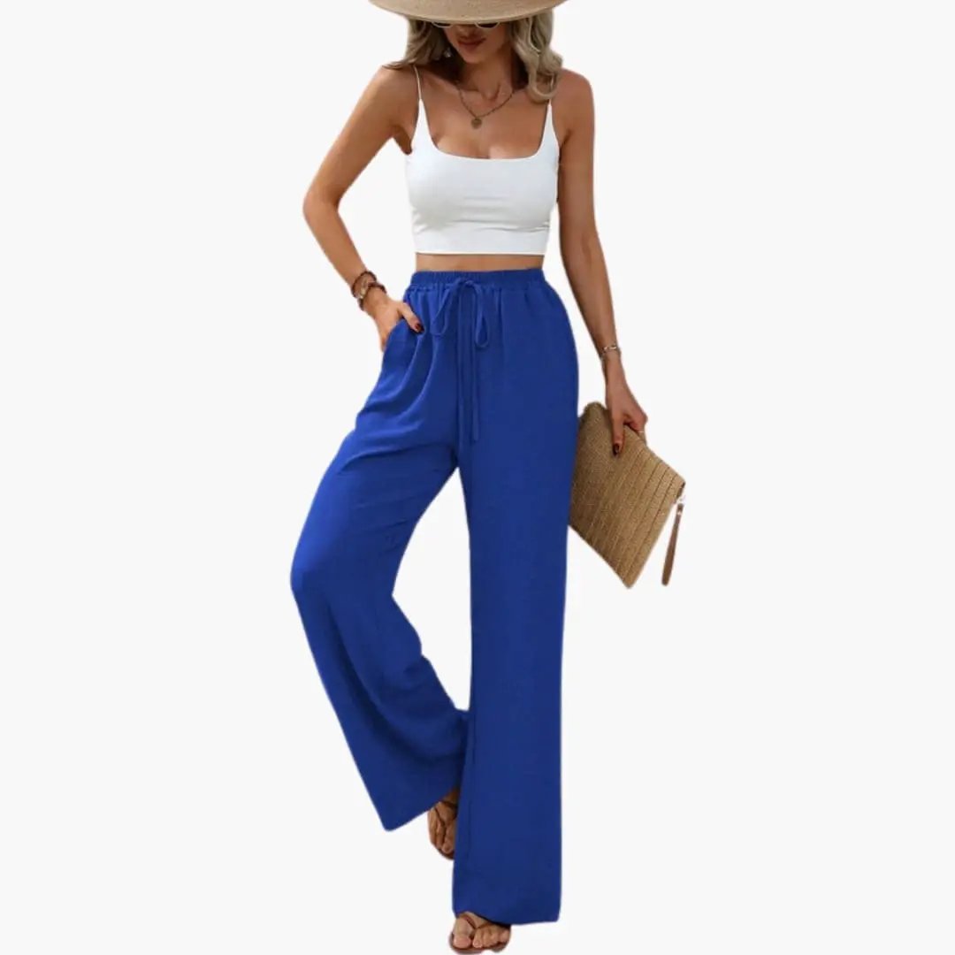 Women’s wide-leg pull-on trousers in blue with elastic waistband, full-length summer pants