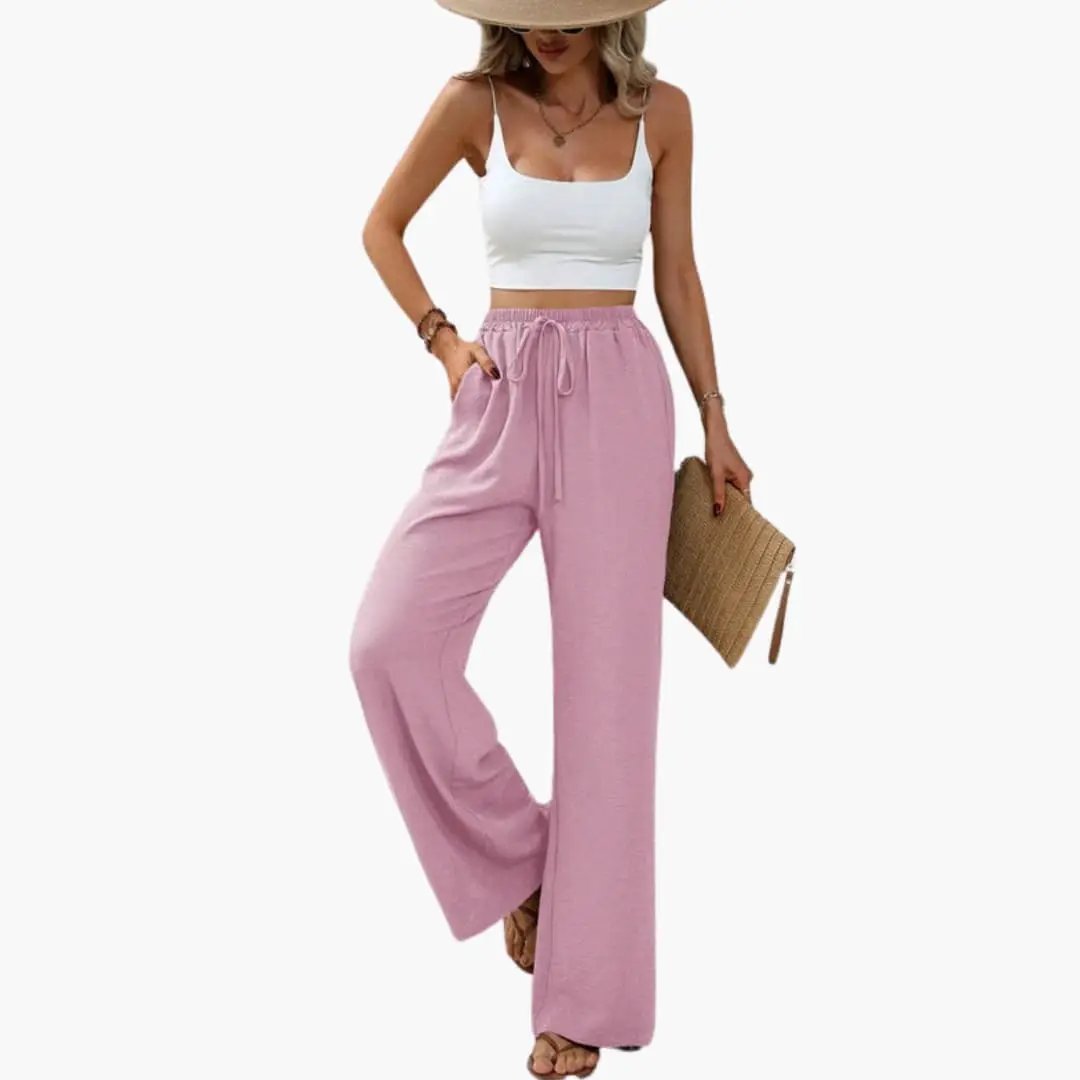 Women’s Wide Leg Summer Pants by Wilfred Smith, pink pull-on full-length trousers with elastic waist.