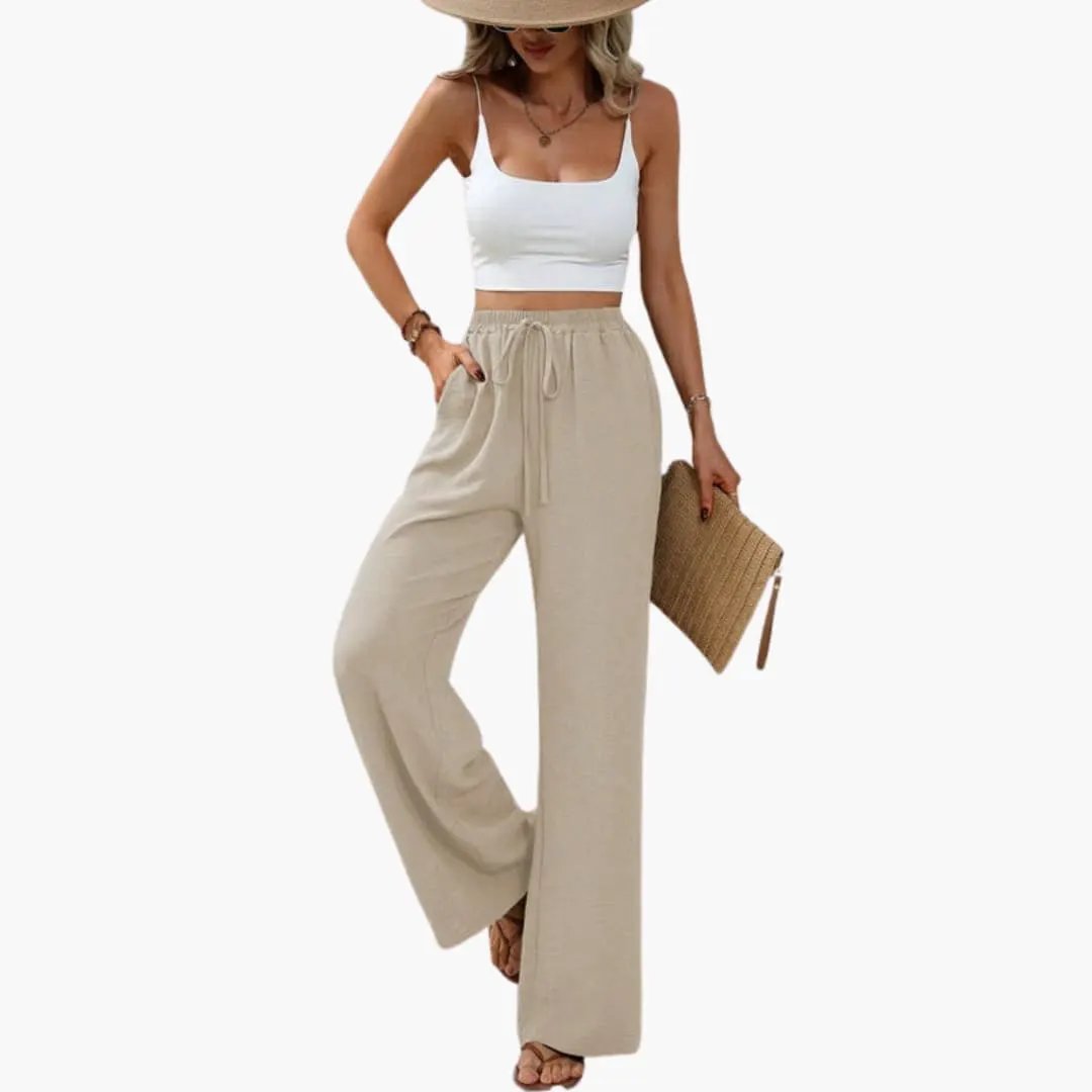 Women's wide-leg summer pants with elastic pull-on waist in beige, full-length trousers
