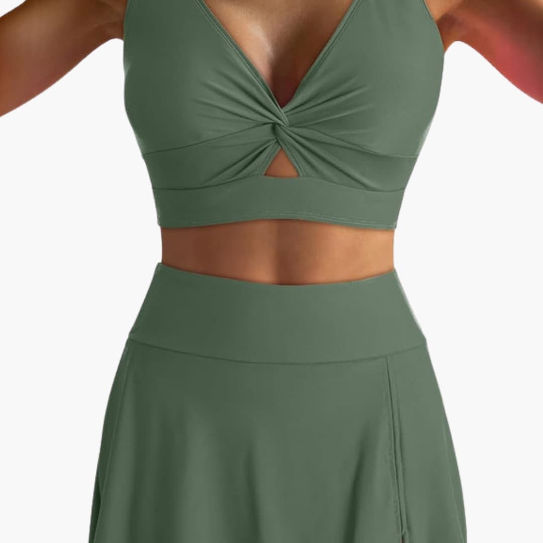 Women’s Wrap Bikini Set in olive green with a twist-knot V-neck wrap top and skirted bottom.