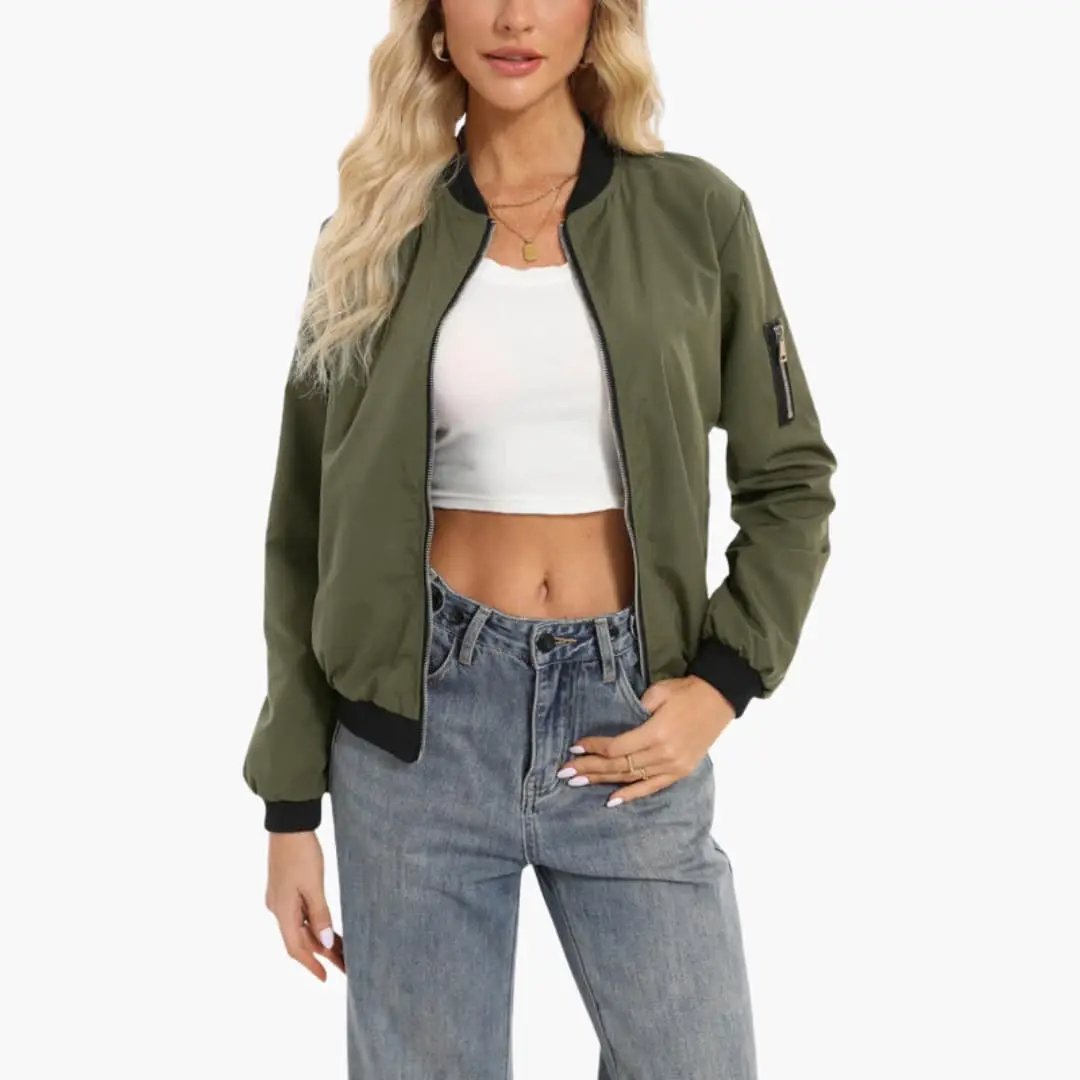 Women’s Zip-Up Bomber Jacket with Ribbed Trim in olive green by Wilfred Smith
