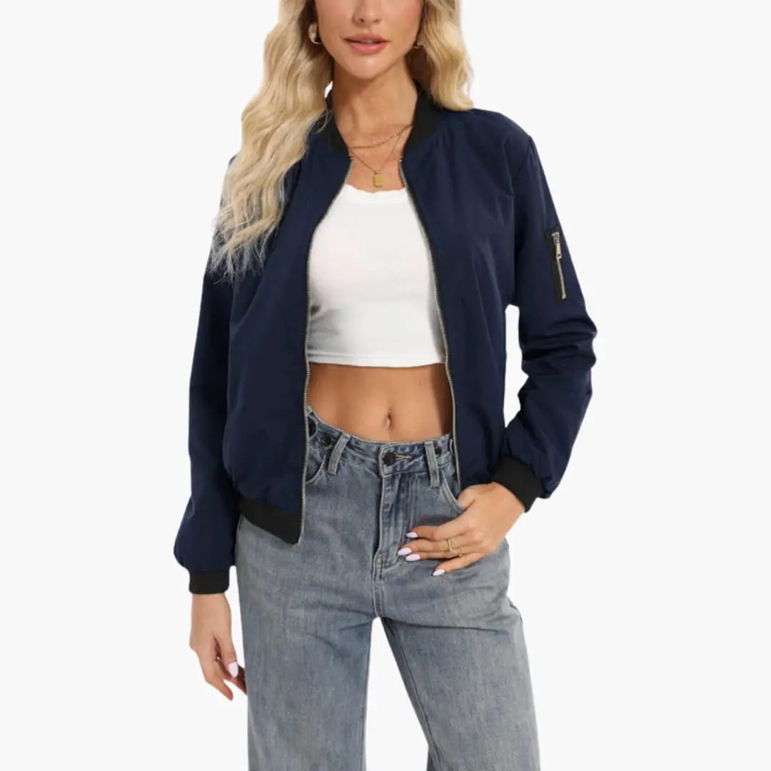 Women’s Zip-Up Bomber Jacket in navy with black ribbed trim and front zip