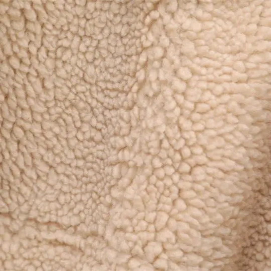 Women’s zip bomber jacket beige sherpa fabric close-up texture