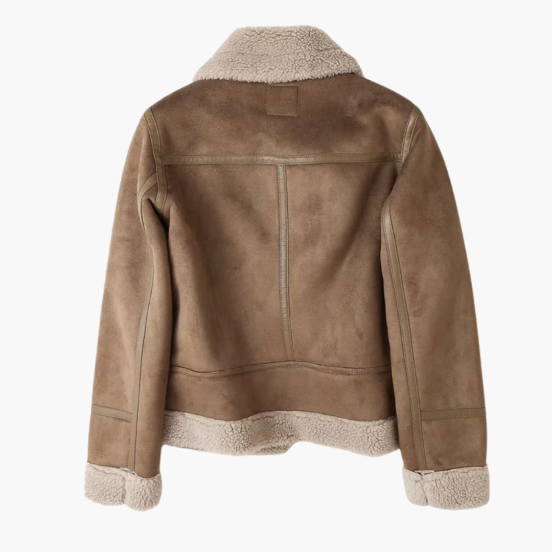 Women's brown suede zip jacket with plush beige shearling lining at collar, cuffs and hem