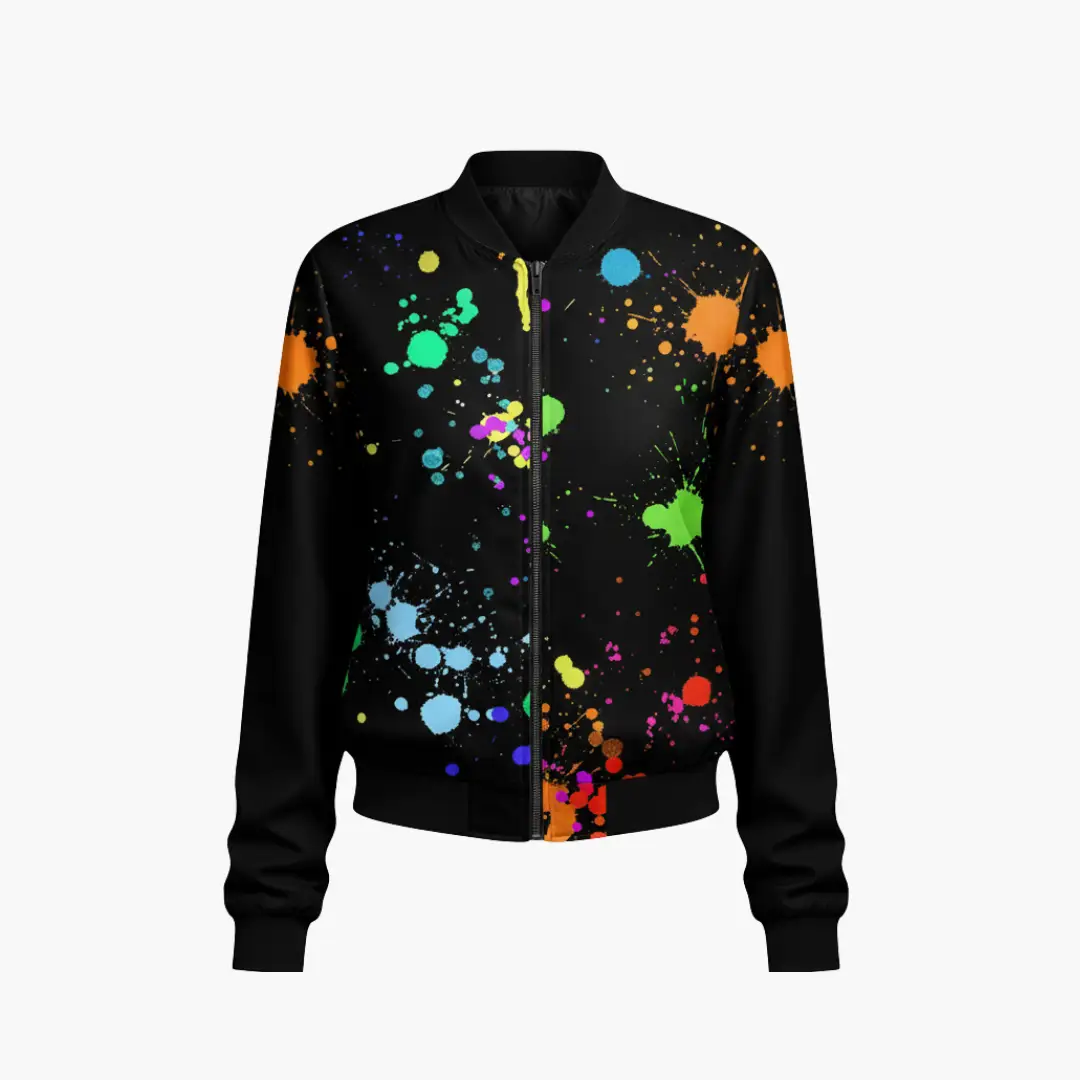 Women's bomber jacket with printed multicolor paint-splatter on black base, zip-front.