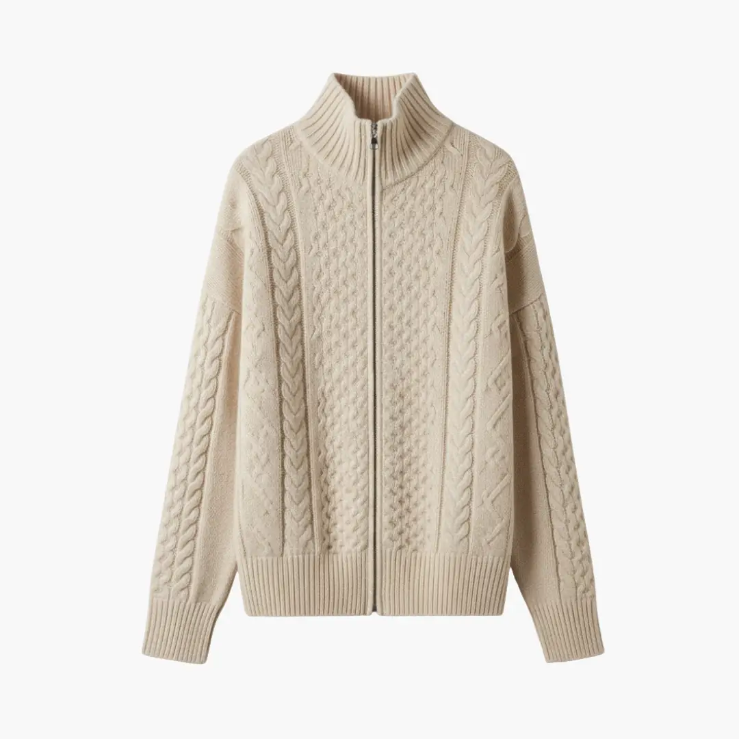 Women's cardigan with high collar in beige cable-knit, zip-front