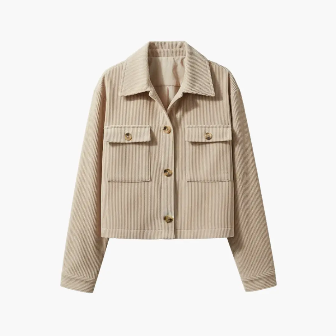 Women’s corduroy trucker jacket in beige with lapel collar, two chest pockets and button front