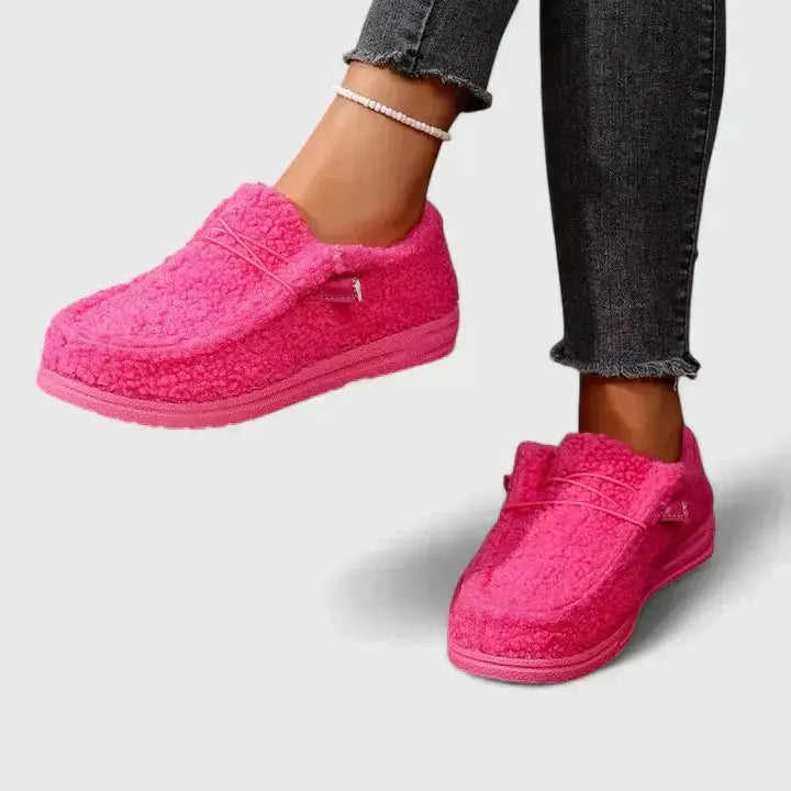 Women's orthopedic pink plush loafers by Wilfred Smith with cushioned footbed and flexible fit (2 shoes shown)