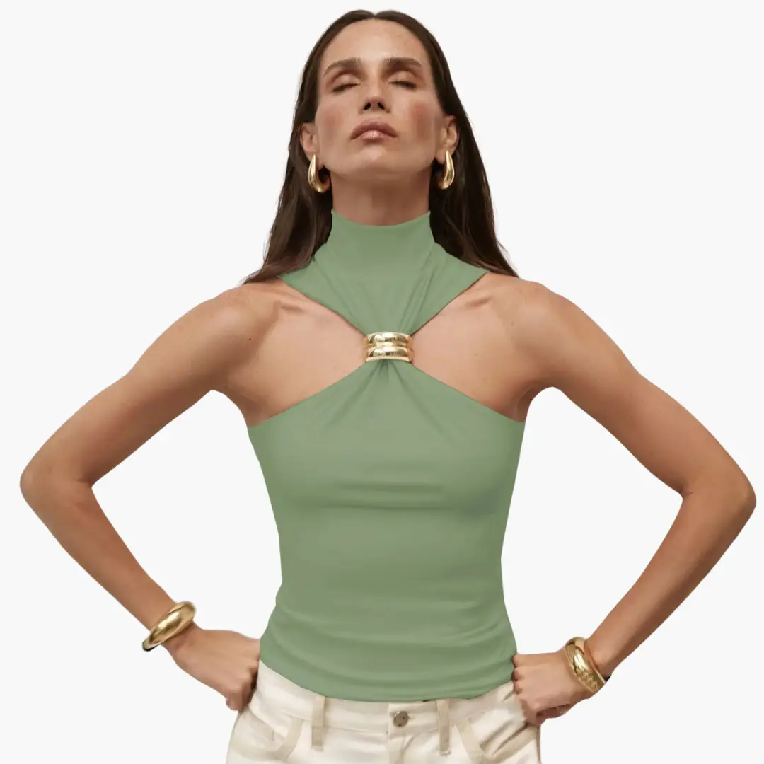 Chic High Neck Halter Top for Women with Gold Accent in sage green, shown with gold jewelry.