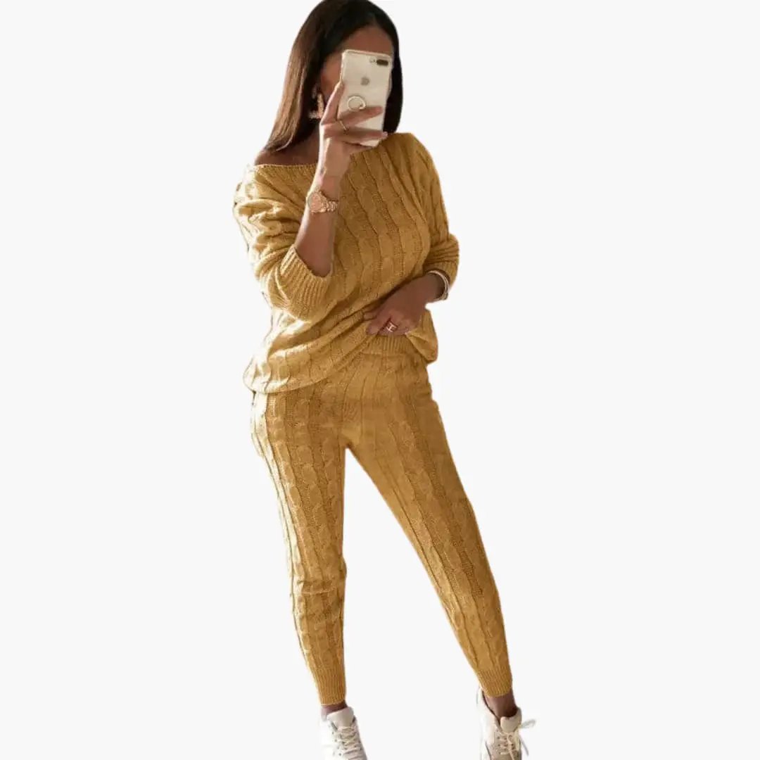 Women's mustard-yellow knit two-piece set with long sleeves and elastic waistband by Wilfred Smith