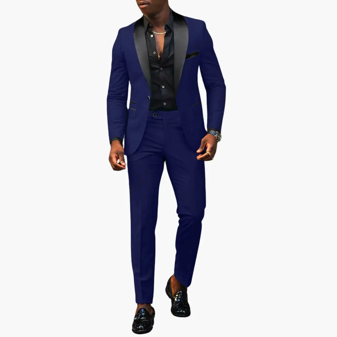 Two-piece navy wedding suit by Wilfred Smith with black satin lapels, slim fit