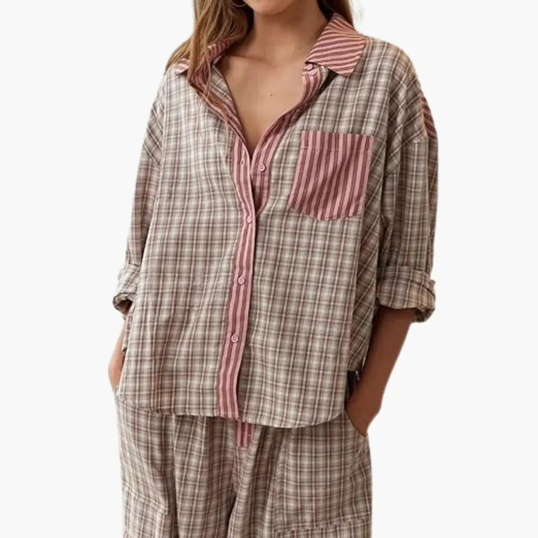 Women's pajama set with button top and elastic pants in pink-beige striped plaid by Wilfred Smith