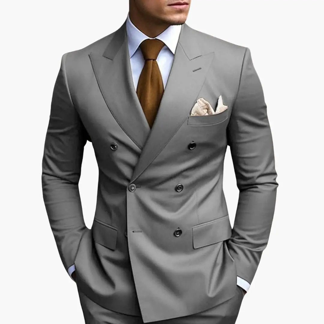 Men's suit Wilfred Smith gray double-breasted with notched lapels and beige pocket square