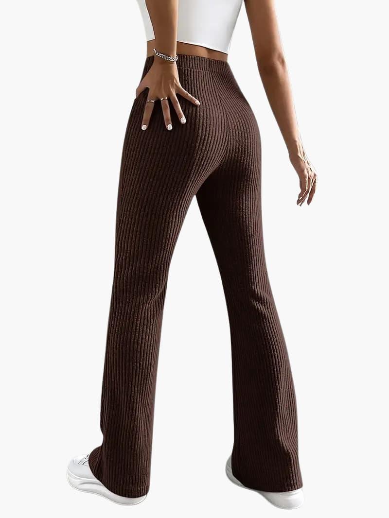 Wide high waist knit pants for women in brown ribbed fabric, wide-leg lounge trousers