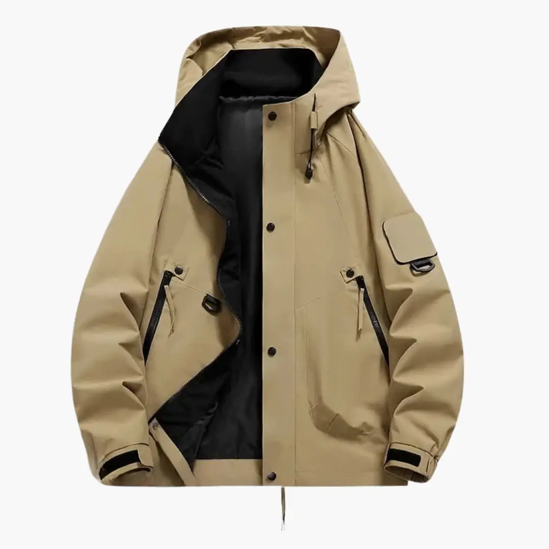 Unisex hooded jacket by Wilfred Smith, tan parka with front zipper and zip pockets