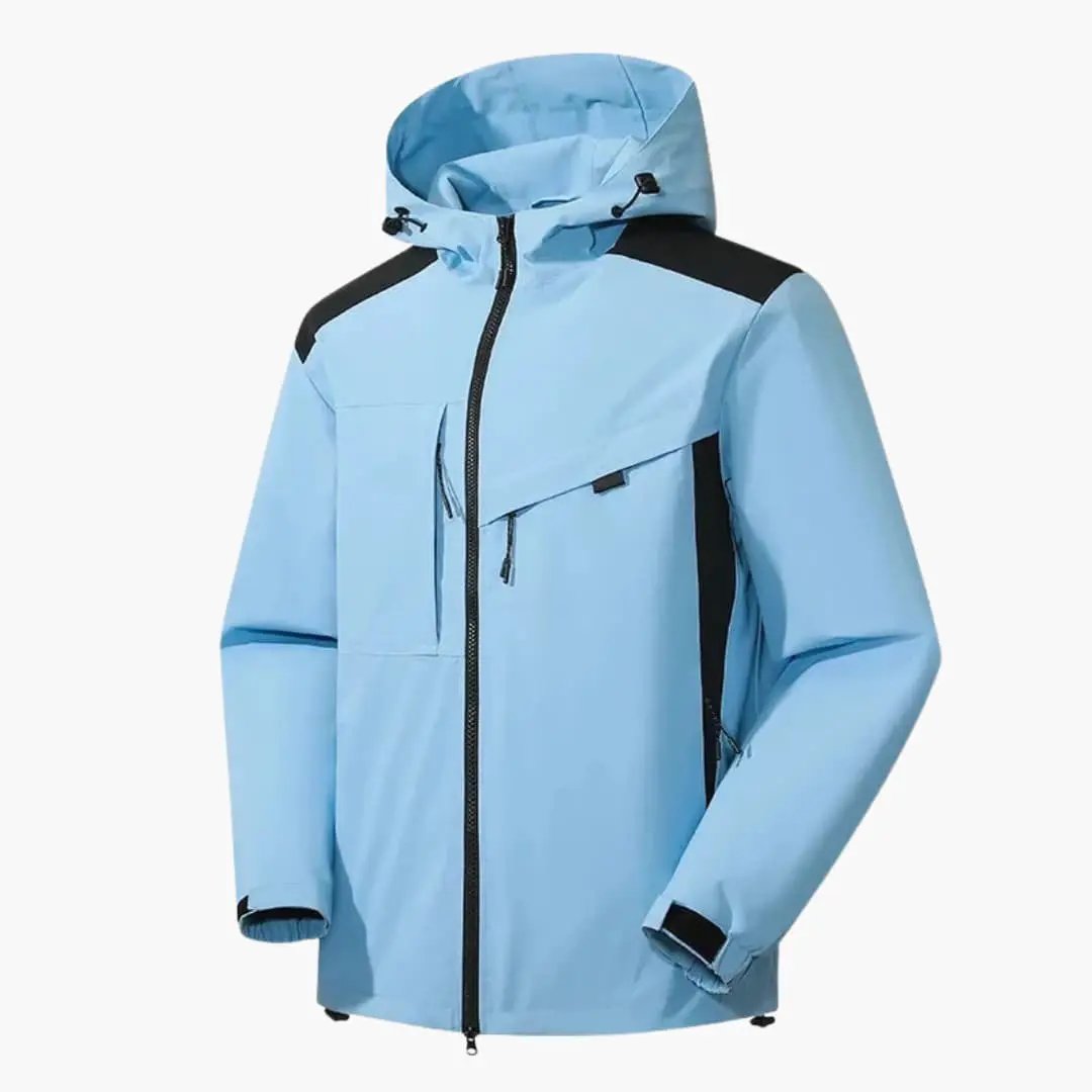 Men's hooded ski jacket in light blue with black shoulder panels and zip pockets