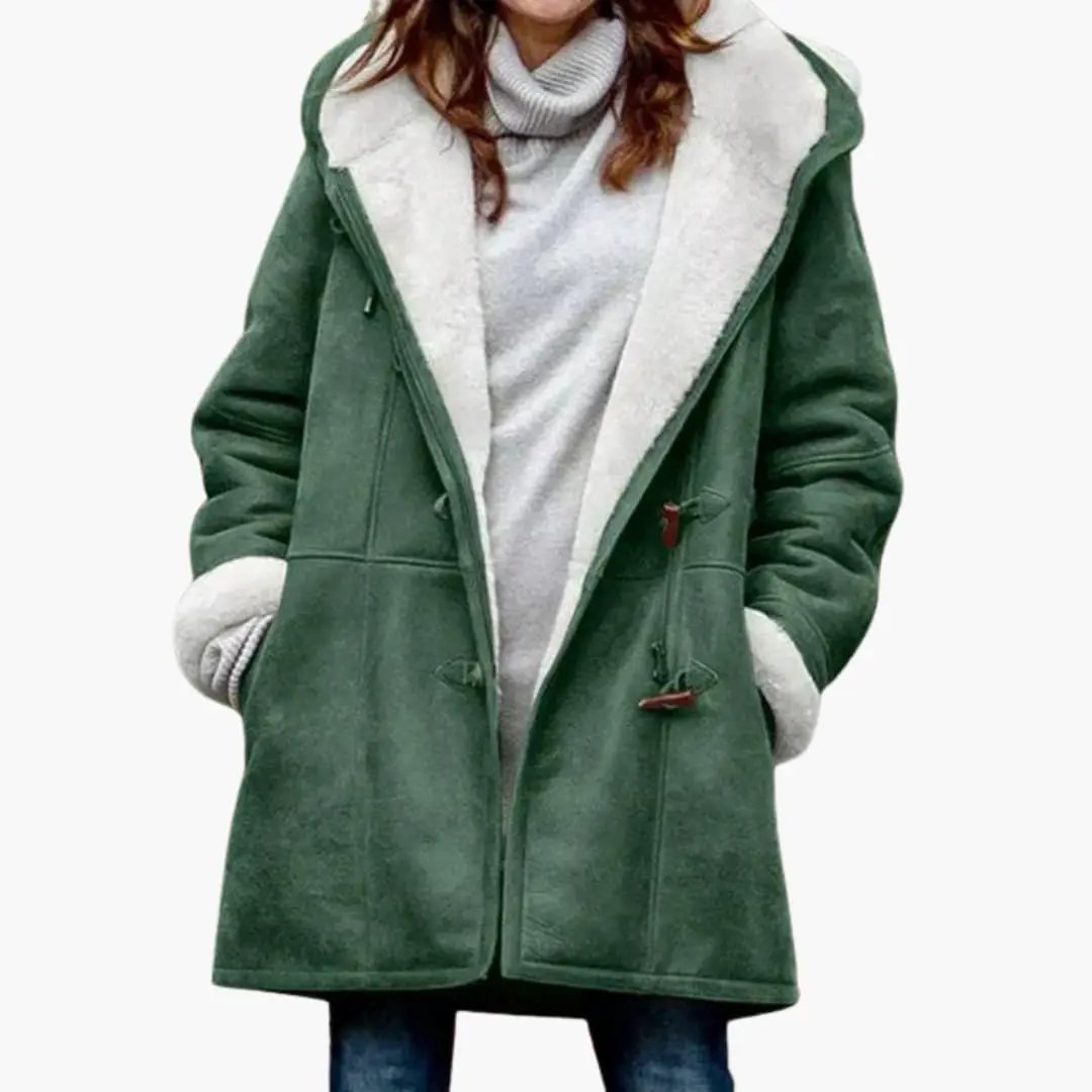 Women's green hooded jacket with shearling lining and toggle closures