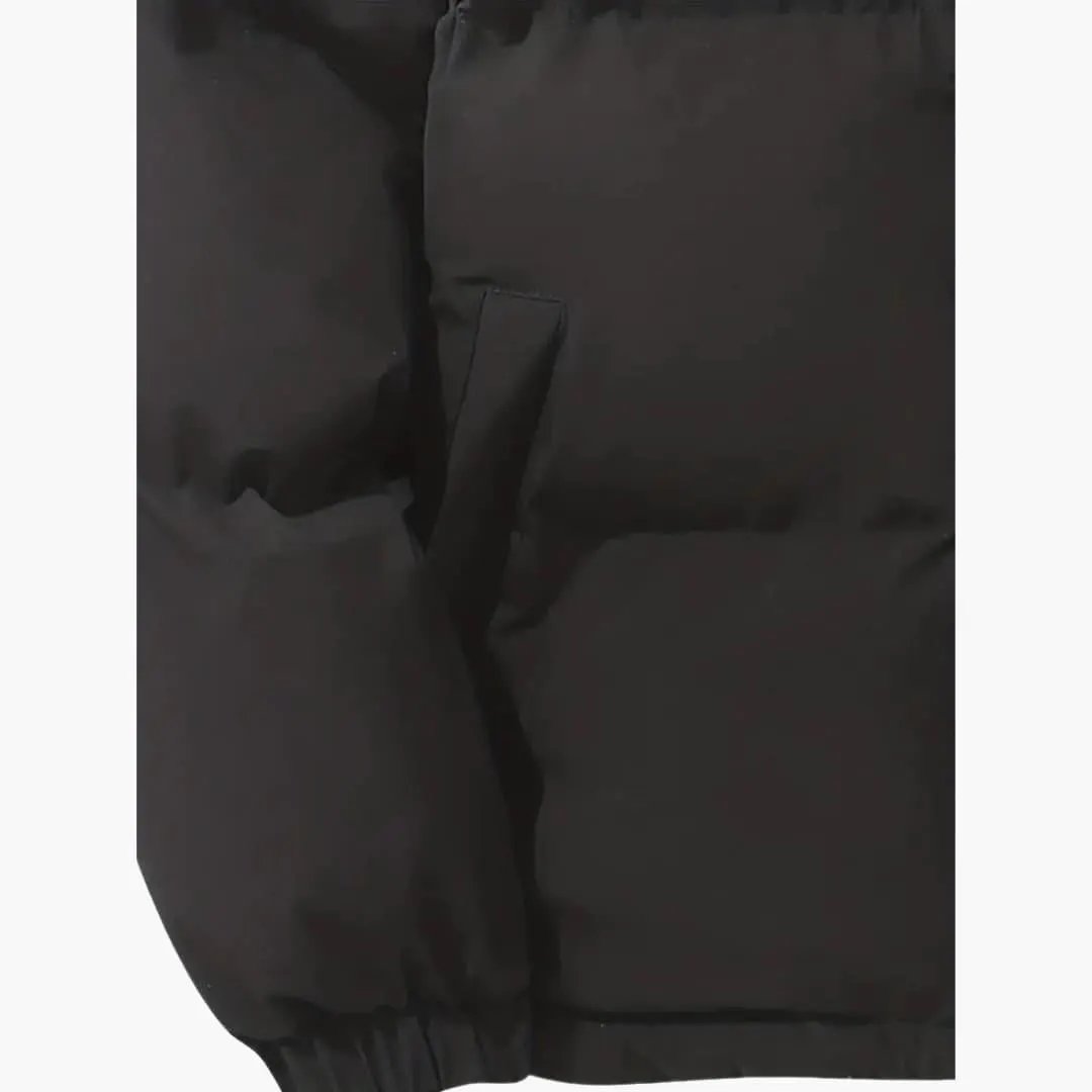 Women's Hooded Jacket by Wilfred Smith, black puffer parka with zipper and exterior stitching.