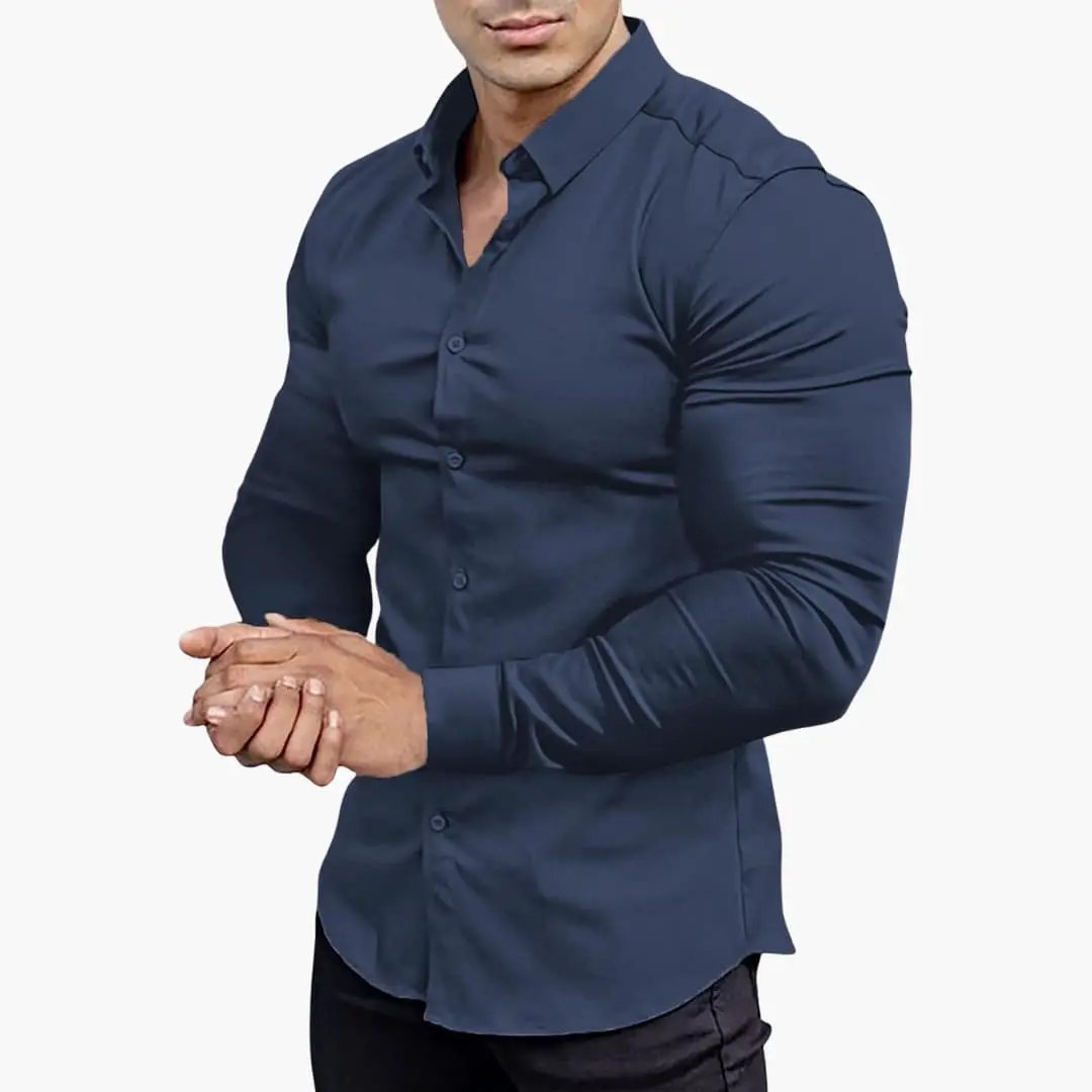 Slim-Fit Shirt for Men by Wilfred Smith, navy blue long-sleeve button-down