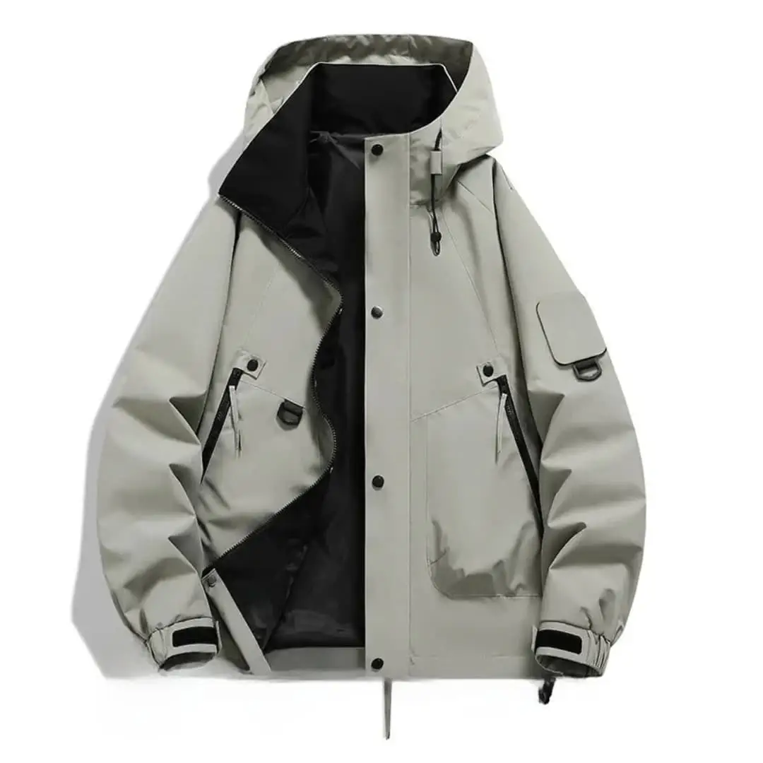 Unisex hooded jacket by Wilfred Smith in light gray with zipper and pockets