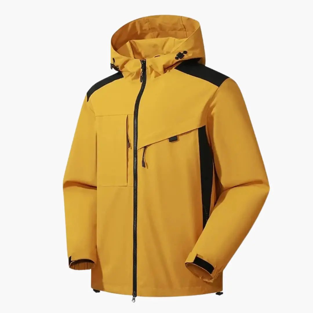 Men's ski jacket with hood by Wilfred Smith in mustard yellow with black accents and zip pockets