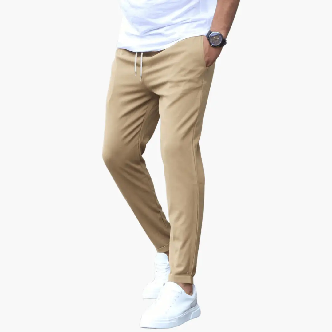 Men's stretch trousers by Wilfred Smith with slim legs, beige and drawstring waistband
