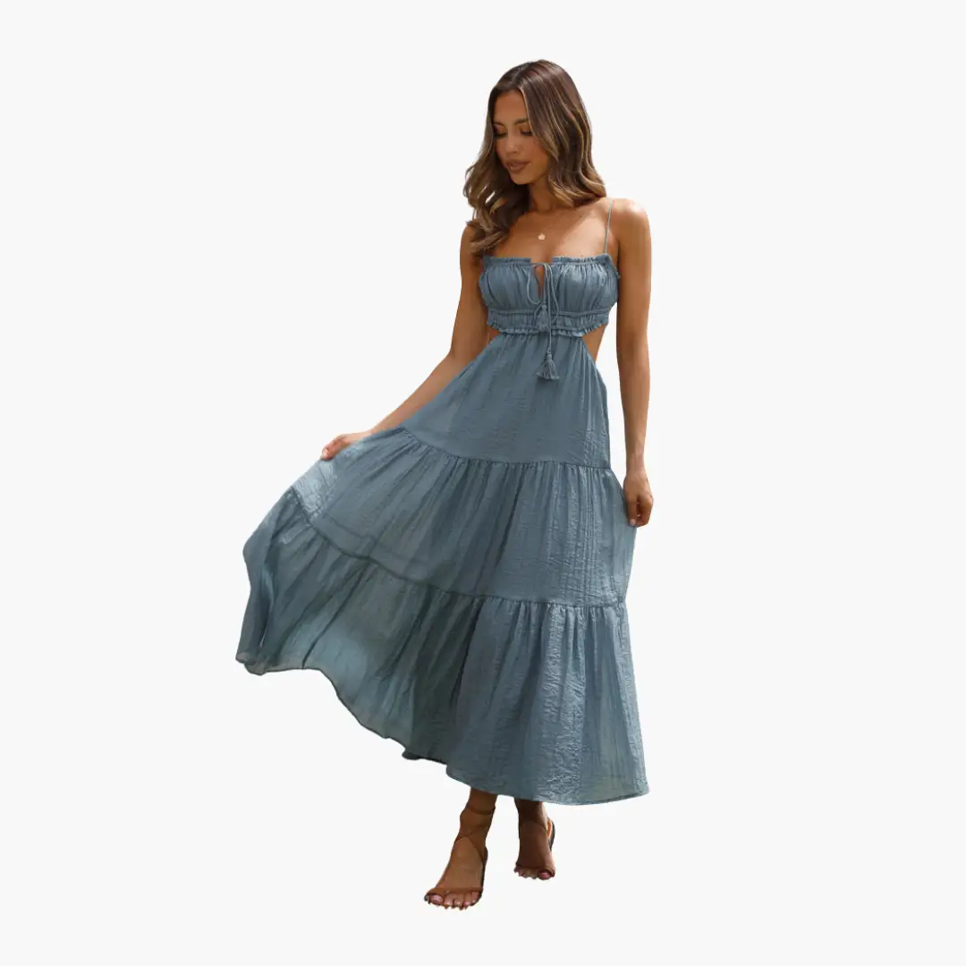 Damen Boho Maxikleid in blue with spaghetti straps, tie-front bodice and tiered skirt