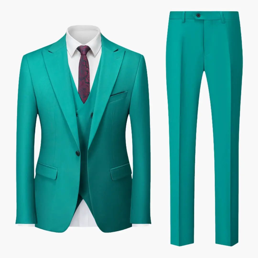 Elegant Slim Fit Suit 3-Piece for Men by Wilfred Smith in teal with matching jacket, vest and pants.
