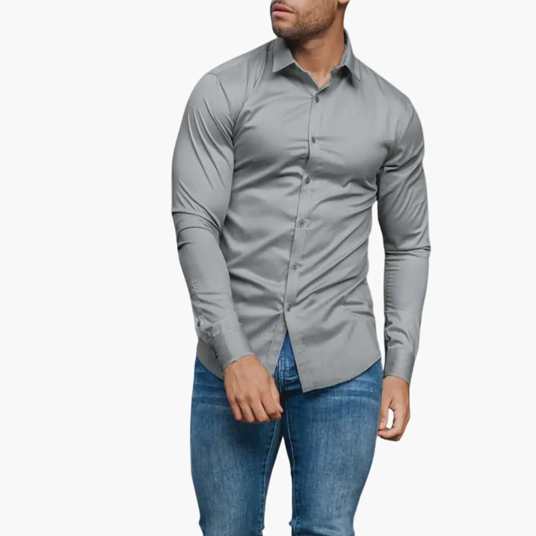 Slim-Fit Shirt for Men, gray button-down long-sleeve shirt worn with blue jeans