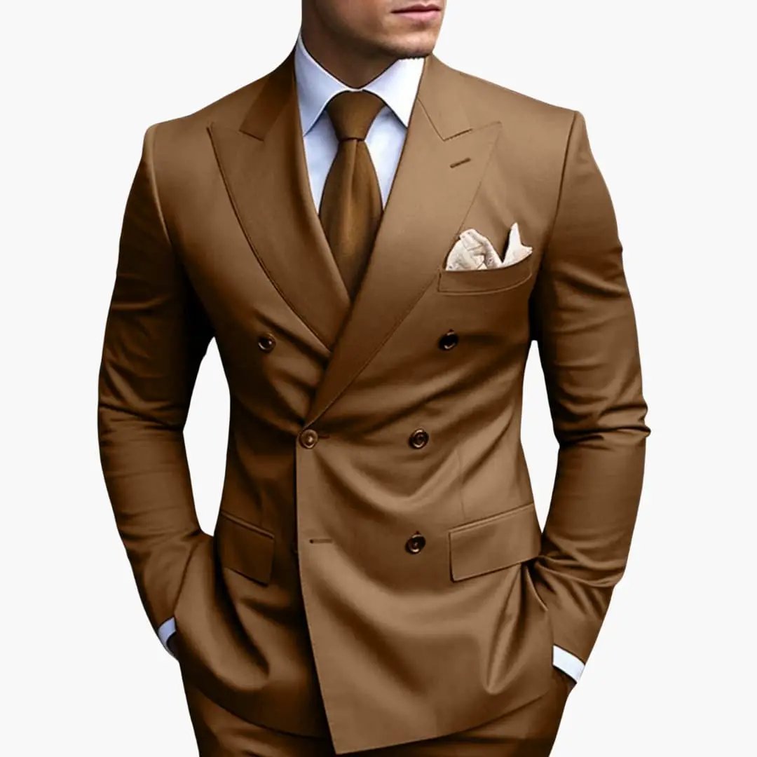 Men's suit Wilfred Smith; brown double-breasted with notched lapels and pocket square.