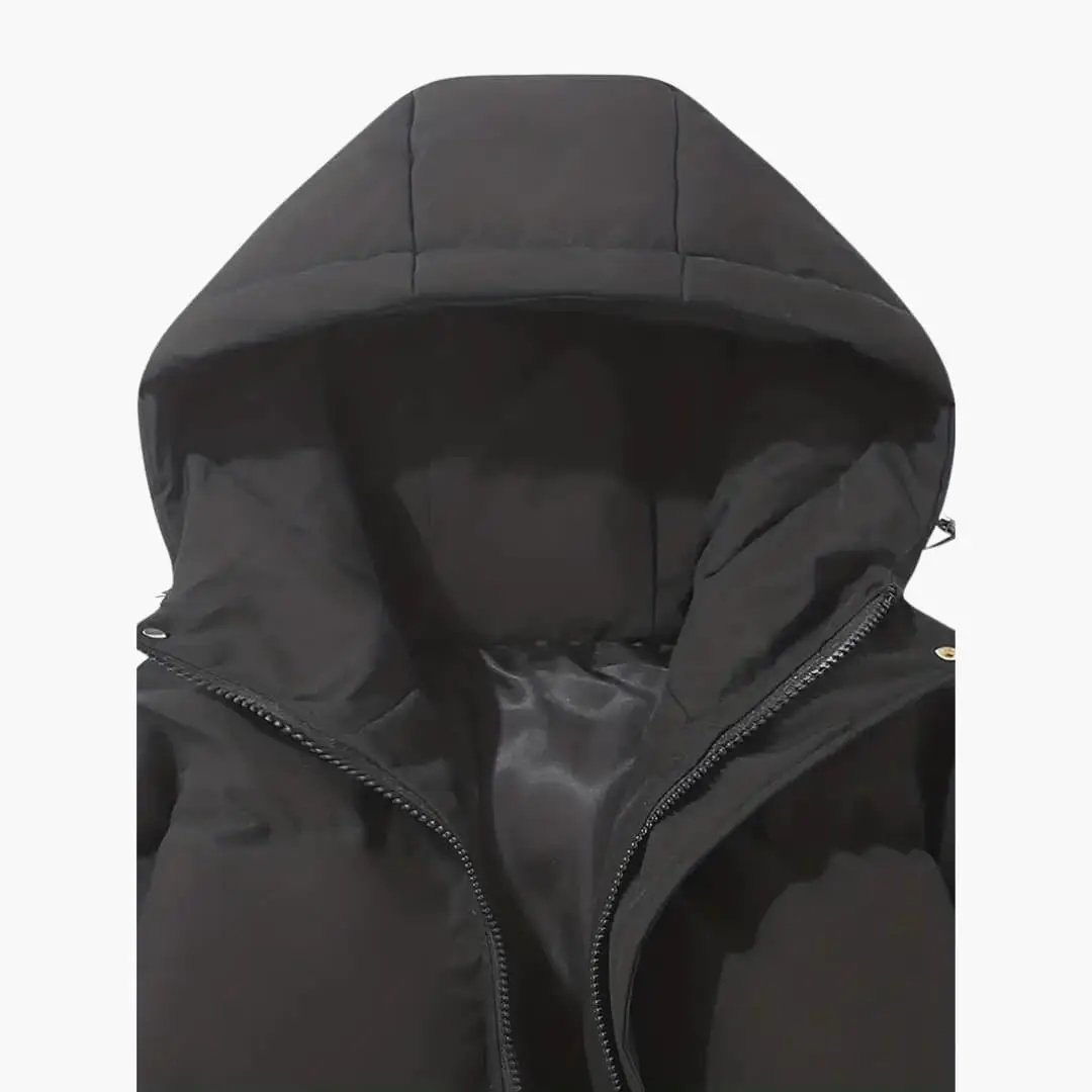 Women's hooded parka jacket in black with zip closure and visible exterior stitching