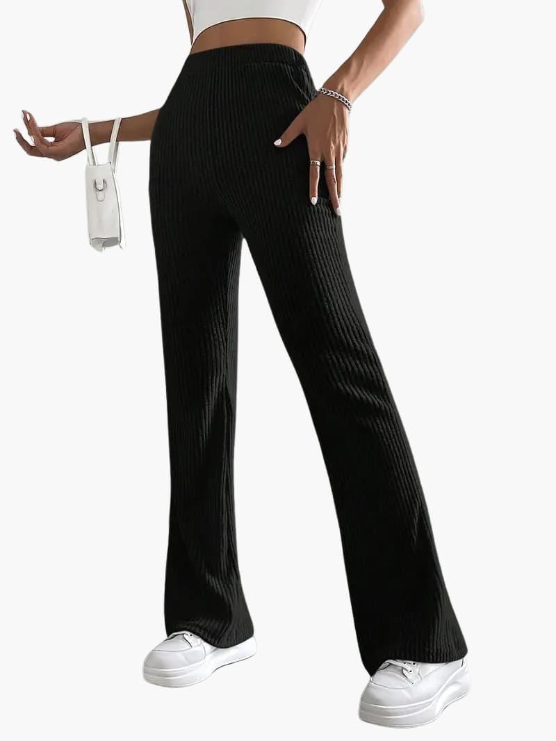 Wide black high-waist knit pants for women, ribbed knit, wide-leg lounge pants